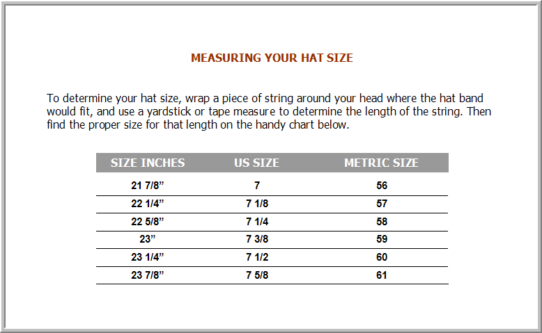 Size 7 Hat Chart